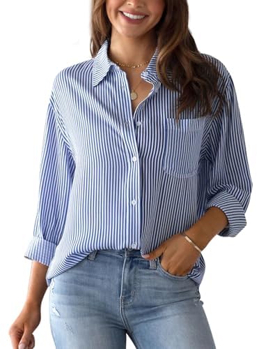 SHEKINI Bluse Damen Elegant Langarm Hemden mit Knöpfen Casual Büro Damenbluse Hemdbluse Gestreifte Arbeit Blusen Streifenbluse von SHEKINI