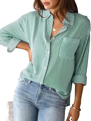 SHEKINI Bluse Damen Elegant Langarm Hemden mit Knöpfen Casual Büro Damenbluse Hemdbluse Gestreifte Arbeit Blusen Streifenbluse von SHEKINI