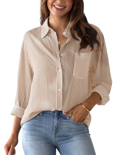 SHEKINI Bluse Damen Elegant Langarm Hemden mit Knöpfen Casual Büro Damenbluse Hemdbluse Gestreifte Arbeit Blusen Streifenbluse von SHEKINI