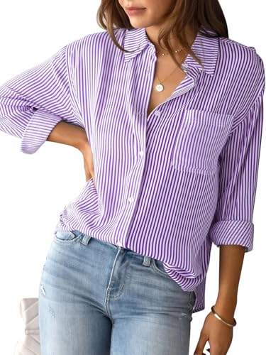 SHEKINI Bluse Damen Elegant Langarm Hemden mit Knöpfen Casual Büro Damenbluse Hemdbluse Gestreifte Arbeit Blusen Streifenbluse von SHEKINI