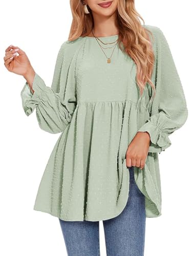SHEKINI Bluse Damen Oberteile Rüschensaum Babydoll Langarmshirt Shirt Tuniken Herbst Top Elegant T-Shirt Laternenärmel Locker von SHEKINI
