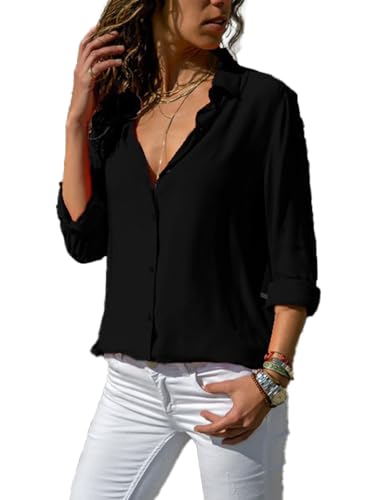SHEKINI Bluse Damen Sommer Chiffon Button-Down Shirts Langarm Kragen Tops Hemdbluse Business Damenblusen Elegant Oberteile von SHEKINI