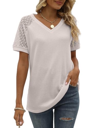 SHEKINI Bluse Damen Sommer Kurzarm Mit Spitze Ärmel Blusenshirt Top Lässiges V-Ausschnitt Plissierte Casual Tunika Tshirt Elegan von SHEKINI