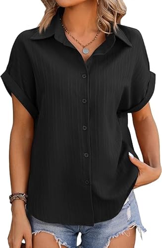 SHEKINI Bluse Damen Sommer Oberteile Kurzarm Damenblusen Casual Blusenshirt mit Knöpfen Elegant Hemdbluse Streifen Sommerbluse von SHEKINI