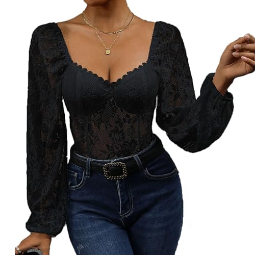 SHEKINI Body Damen Elegant Spitzen Mesh Langarm Bodysuit mit Herzförmiger Ausschnitt und Laternenärmeln Spitzenbody Oberteil Transparent Puffärmel Blusenshirt von SHEKINI