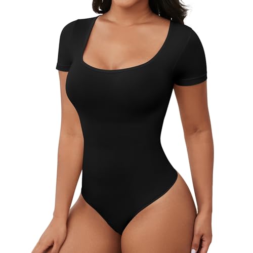 SHEKINI Body Damen Kurzarm Bodysuit Shapewear Bauchweg Figurformende Body Shaper Shaping Effektive T-Shirt Tanga Elegant Eckiger Ausschnitt Top Nahtlos Hoher Elastizität von SHEKINI