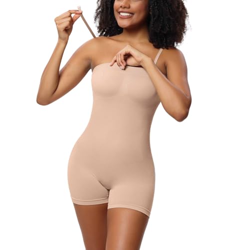 SHEKINI Body Shaper Damen Trägerlos Bodysuit mit Bein Shapewear Bauchweg Stark Formend Bandeau Top mit Abnehmbar Träger Nahtlose Figurformender Bodys Shaping Body von SHEKINI