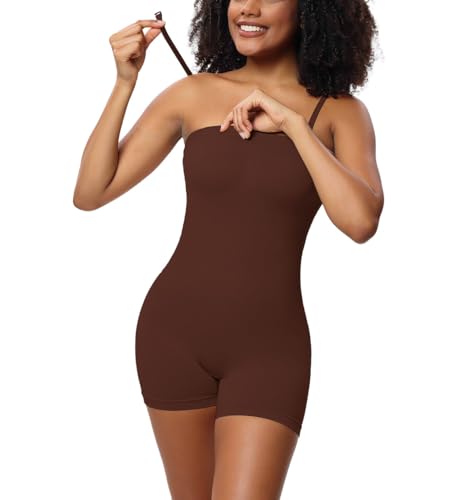 SHEKINI Body Shaper Damen Trägerlos Bodysuit mit Bein Shapewear Bauchweg Stark Formend Bandeau Top mit Abnehmbar Träger Nahtlose Figurformender Bodys Shaping Body von SHEKINI
