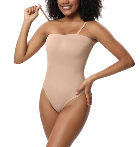 SHEKINI Body Shaper Trägerloser Shapewear Damen Bauchweg Korsett Bodysuit Figurenformend Bandeau Top mit Abnehmbar Träger Sculpting Tanga Stringbody Nahtlose Formende Bodys von SHEKINI