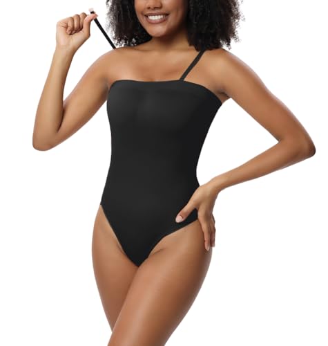 SHEKINI Body Shaper Trägerloser Shapewear Damen Bauchweg Korsett Bodysuit Figurenformend Bandeau Top mit Abnehmbar Träger Sculpting Tanga Stringbody Nahtlose Formende Bodys von SHEKINI