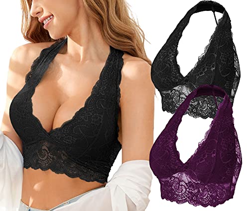 SHEKINI Bralette Damen Spitze ohne Bügel Neckholder BH Bustier Gepolstert V-Ausschnitt Sexy BHS Top Bügelloser Elegant Unterwäsche Frauen 2er Pack von SHEKINI