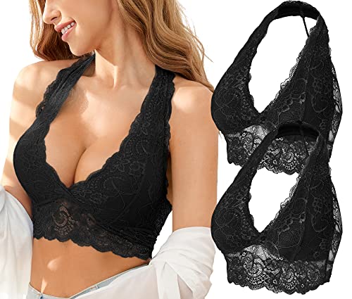 SHEKINI Bralette Damen Spitze ohne Bügel Neckholder BH Bustier Gepolstert V-Ausschnitt Sexy BHS Top Bügelloser Elegant Unterwäsche Frauen 2er Pack von SHEKINI