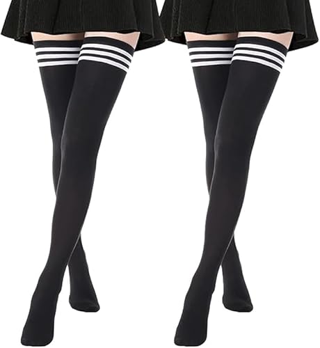 SHEKINI Damen 2 Paar Breathable Komfortbund Streifen Kniestrümpfe Soft Extra Lang Mädchen Oberschenkelstrümpfe Classic Komfort Warme Retro Trachtensocken von SHEKINI