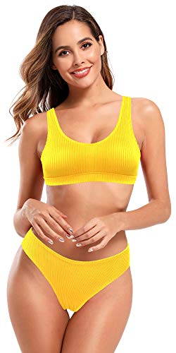 SHEKINI Damen Bikini Set Gerippte U Ausschnitt Breites Träger Bikinioberteil Zweiteiliger Badeanzug Sport Triangel Bikinihose Bademode (Gelb, L) von SHEKINI