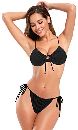 SHEKINI Push Up Bikini Damen mit Bügel Gepolstert Cut Out Bikini Oberteil Sexy Kordelzug Bikini Set Damen Low Waist Bikini Hose(L, Schwarz) von SHEKINI