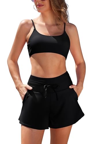 SHEKINI Damen 2-teilige Badeanzüge Bralette Badeanzug High Waisted Bikini Shorts mit Taschen(Schwarz,L) von SHEKINI