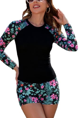 SHEKINI Damen 2-teiliger Rashguard Langarm Badeanzug Schnell Trocknend UV Schutz Schwimmshirt mit Integrierter BH Bademode mit Boyshort Schwimmen Surfen von SHEKINI