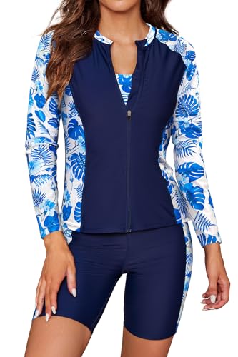 SHEKINI Damen 3 Stück Langarm Rush Guard Reißverschluss vorne Athletic Badeanzug Sport BH mit Boyshort Bottoms Tankini Bademode, Marineblau+Blatt, M von SHEKINI