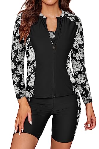 SHEKINI Damen 3 Stück Langarm Rush Guard Reißverschluss vorne Athletic Badeanzug Sport BH mit Boyshort Bottoms Tankini Bademode, Schwarz , M von SHEKINI