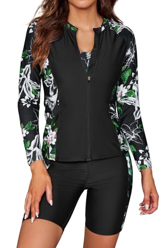 SHEKINI Damen 3 Stück Langarm Rush Guard Reißverschluss vorne Athletic Badeanzug Sport-BH mit Boyshort Hose Tankini Bademode, Weiß/Rosa Blume, 46 von SHEKINI