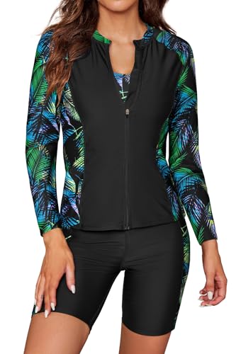 SHEKINI Damen 3 Teiliger Langarm Rash Guard Reißverschluss Schwimmshirt Surfshirt Weste Badeanzug Sicherheits Sporty Schwimmanzug(L,Schwarz/Gelbes Blatt) von SHEKINI