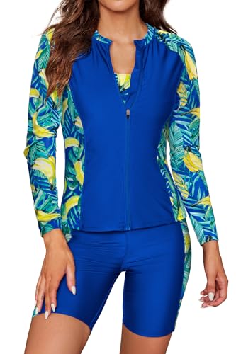 SHEKINI Damen 3 Teiliger Tankini Sets Langarm Rash Guard Reißverschluss Schwimmshirt Surfshirt Weste Bikinioberteil Badeanzug Badeshorts Sicherheits Sporty Radlerhose Schwimmanzug(L,Blua) von SHEKINI