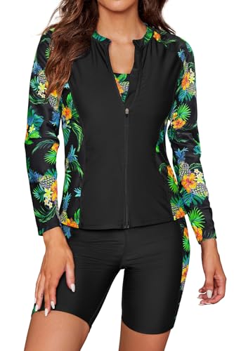 SHEKINI Damen 3 Teiliger Tankini Sets Langarm Rash Guard Reißverschluss Schwimmshirt Surfshirt Weste Bikinioberteil Badeanzug Badeshorts Sicherheits Sporty Radlerhose Schwimmanzug(L,Schwarz&Blume) SHEKINI Damen 3 Teiliger Tankini Sets Langarm Rash Guard Reißverschluss Schwimmshirt Surfshirt Weste Bikinioberteil Badeanzug Badeshorts Sicherheits Sporty Radlerhose Schwimmanzug(L,Schwarz&Blume) von SHEKINI