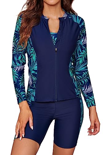 SHEKINI Damen 3 Teiliger Tankini Sets Langarm Rash Guard Reißverschluss Schwimmshirt Surfshirt Weste Bikinioberteil Badeanzug Badeshorts Sicherheits Sporty Radlerhose Schwimmanzug(XXL,Dunkelblau) von SHEKINI