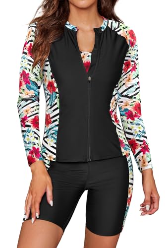 SHEKINI Damen 3 Teiliger Tankini Sets Langarm Rash Guard Reißverschluss Schwimmshirt Surfshirt Weste Bikinioberteil Badeanzug Badeshorts Sicherheits Sporty Radlerhose Schwimmanzug(XXL,Gestreift) von SHEKINI