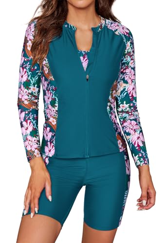 SHEKINI Damen 3-teiliger langärmeliger Rushguard-Badeanzug mit Reißverschluss vorne, Sport-BH mit Boyshort Hose, Tankini-Bademode, rosa blume, M von SHEKINI