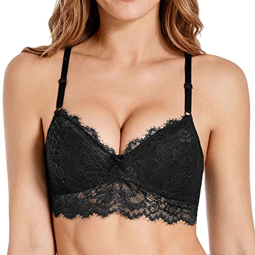 SHEKINI Damen-BHS Spitzen BH Sexy Bralette ohne Bügel Gepolsterter BH Regulierbare Träger Triangle BH Soft Bra（M,Schwarz） von SHEKINI