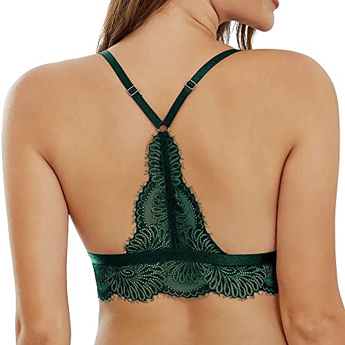 SHEKINI Damen Mädchen BH mit Verschluss Vorne, Abnehmbare Gepolstert Spitze Bralette ohne Bügel Triangle-BH Sexy Unterwäsche Verstellbarer Schultergurt,Dunkelgrün,XL von SHEKINI