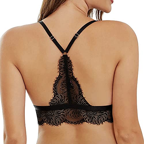 SHEKINI Damen Mädchen BH mit Verschluss Vorne, Abnehmbare Gepolstert Spitze Bralette ohne Bügel Triangle-BH Sexy Unterwäsche Verstellbarer Schultergurt,Schwarz,M von SHEKINI