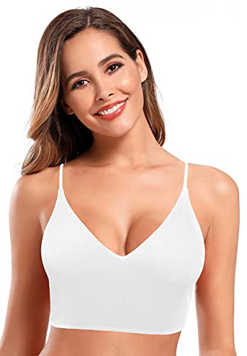 SHEKINI Damen BH Ärmelloses Rückenfrei Sportlich Komfortabel Bikinioberteil Gepolsterte Basic Tank Rib Camisole Träger Crop Top（M, B-weiß） von SHEKINI