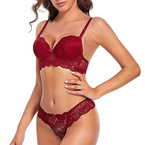 SHEKINI Damen BH Set BH Und String Spitze Trägerloser Abnehmbare Träger Push Up Bügel BH Unterwäsche Lingerie Tanga Dessous Sets(rot,34/75B) von SHEKINI