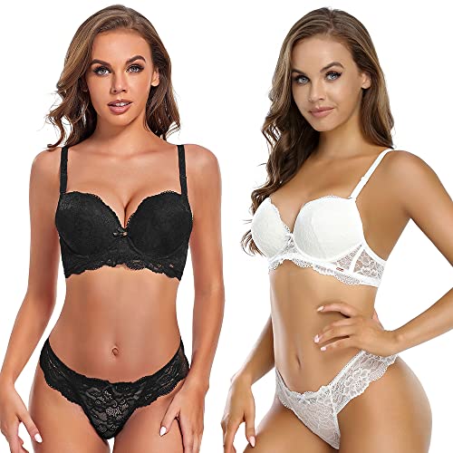 SHEKINI Damen BH Set BH Und String Spitze Trägerloser Abnehmbare Träger Push Up Bügel BH Unterwäsche Lingerie Tanga Dessous Sets von SHEKINI