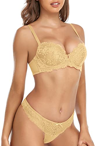 SHEKINI Damen BH Set Push Up Bügel BH und String Spitze Dessous Sets Abnehmbare Träger Sexy Unterwäsche Lingerie von SHEKINI