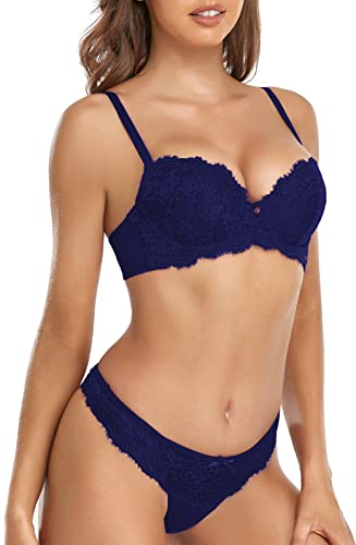 SHEKINI Damen BH Set Push Up Bügel BH und String Spitze Dessous Sets Abnehmbare Träger Sexy Unterwäsche Lingerie von SHEKINI