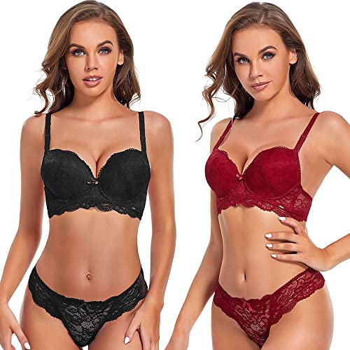 SHEKINI Damen BH Set BH Und String Spitze Trägerloser Abnehmbare Träger Push Up Bügel BH Unterwäsche Lingerie Tanga Dessous Sets von SHEKINI