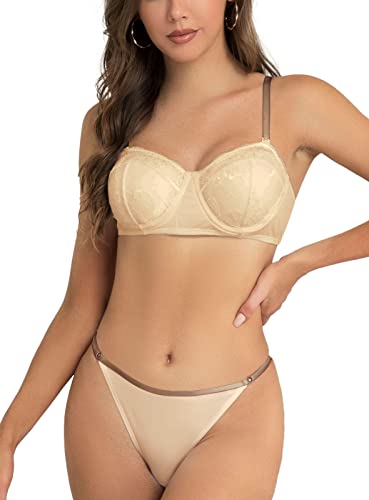 SHEKINI Dessous Damen Sexy Unterwäsche BH mit Bügel Gepolstert Push Up BH und Tanga Trägerloser Rückenfrei Tiefer Ausschnitt Dessous Set Lingerie,Aprikose,S von SHEKINI