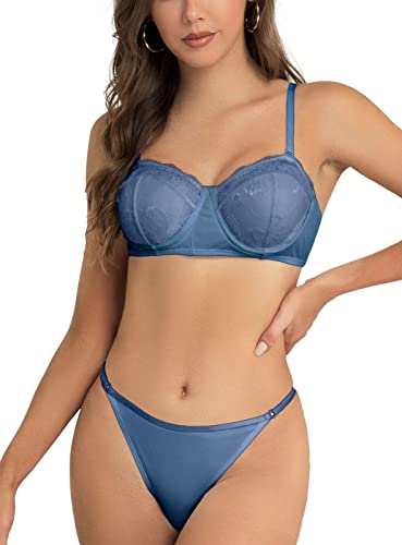 SHEKINI Dessous Damen Sexy Unterwäsche BH mit Bügel Gepolstert Push Up BH und Tanga Trägerloser Rückenfrei Tiefer Ausschnitt Dessous Set Lingerie,Dunstblau,L von SHEKINI