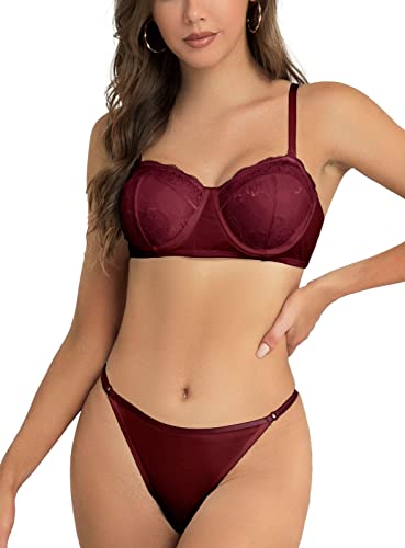 SHEKINI Damen BH Set Push Up Bügel BH Unterwäsche Lingerie Tanga Dessous Sets(Weinrot,M) von SHEKINI