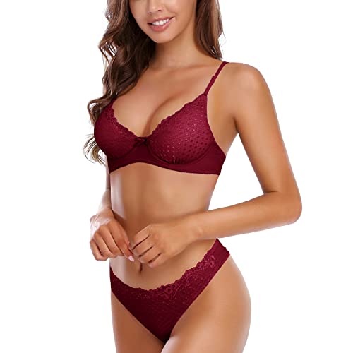 SHEKINI Sexy Dessous Damen Set BH mit Bügel Push Up Spitze Gepolstert BH und Tanga Thong Tiefer Ausschnitt Rückenfrei Lingerie Unterwäsche für Frau,Weinrot,S von SHEKINI