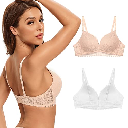 SHEKINI Spitzen BH Damen ohne Bügel Soft Schalen Bralette Elegant Komfort 2er Set T-Shirt Bra (80C,Aprikose+weiß) von SHEKINI