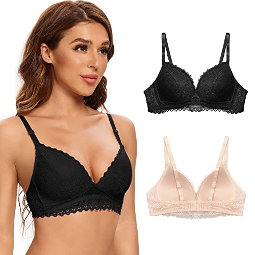 SHEKINI Spitzen BH Damen ohne Bügel Soft Schalen Bralette Elegant Komfort 2er Set T-Shirt Bra (80C,schwarz+Aprikose) von SHEKINI