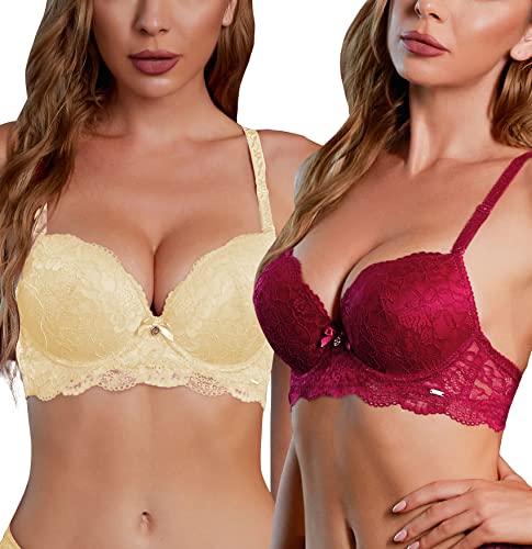 SHEKINI Damen BH mit Bügel Spitze Bügel BH Trägerloser Abnehmbare Träger Push Up Unterwäsche Lingerie 2er Pack von SHEKINI