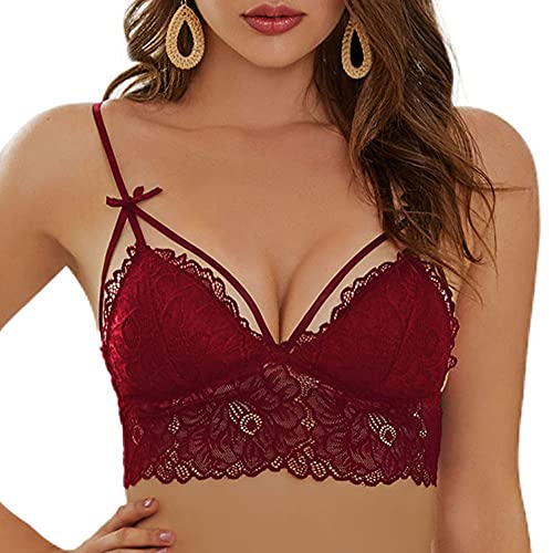 SHEKINI Damen BH ohne Bügel Elegante Bralette Spitze Abnehmbare Gepolstert Tiefer Ausschnitt BHS,Rot,XL von SHEKINI