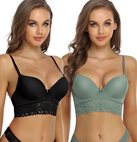 SHEKINI BH Damen mit Bügel Push Up BH mit Blumen Spitzen Schalen Bügel-BH T-Shirt Nahtloser BHS Sexy Rückenfrei Tiefer Ausschnitt Unterwäsche 2er Pack von SHEKINI