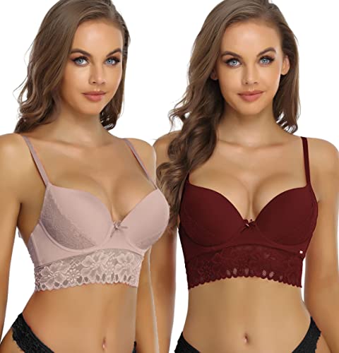 SHEKINI BH Damen mit Bügel Push Up BH mit Blumen Spitzen Schalen Bügel-BH T-Shirt Nahtloser BHS Sexy Rückenfrei Tiefer Ausschnitt Unterwäsche 2er Pack von SHEKINI