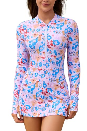 SHEKINI Damen Badeanzüge Lange Ärmel Halb Reißverschluss Rash Guard Badeanzug Bademode Taschen von SHEKINI